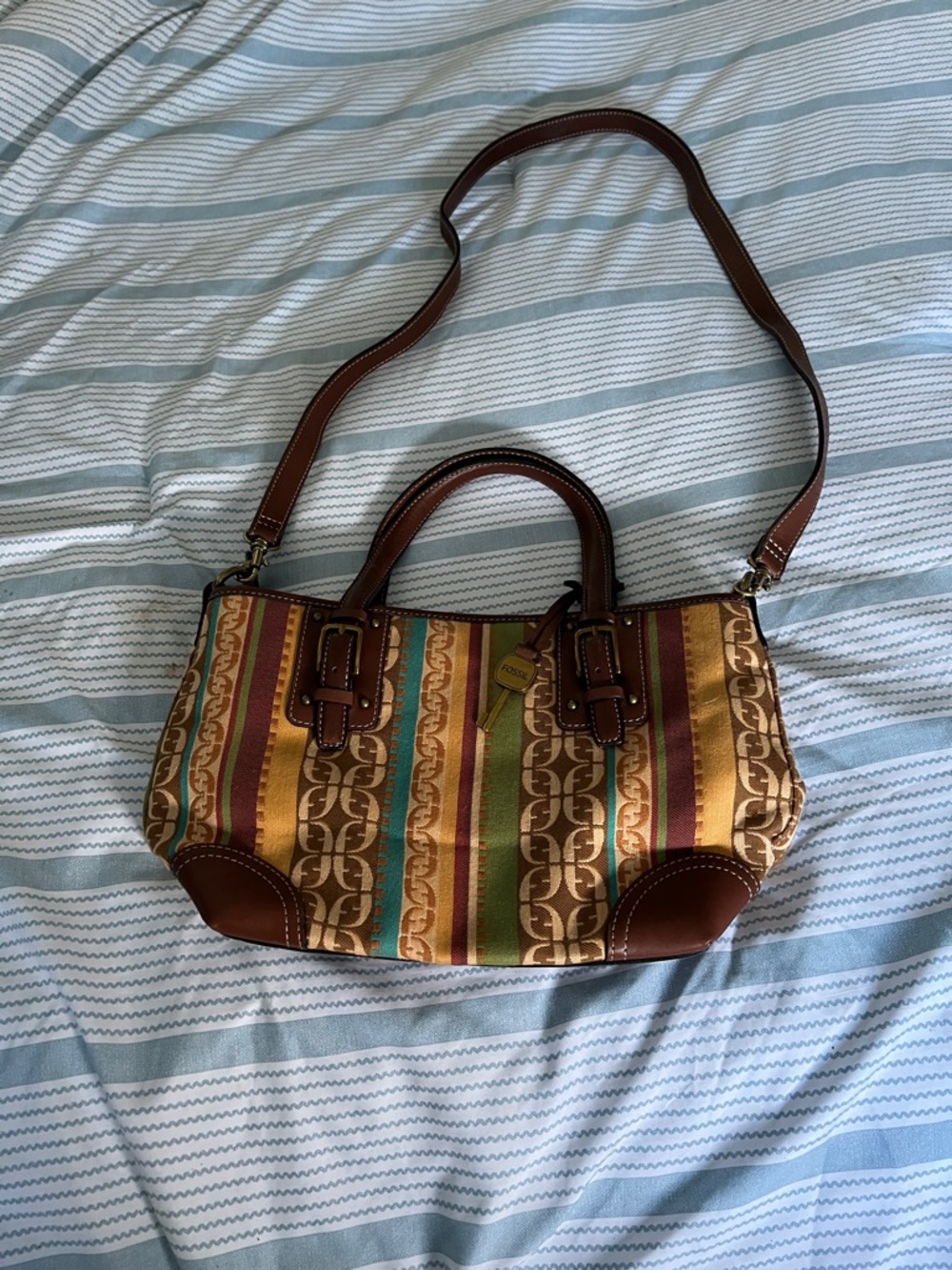Fossil Striped Multicolor Tote Bag with Brown Trim
